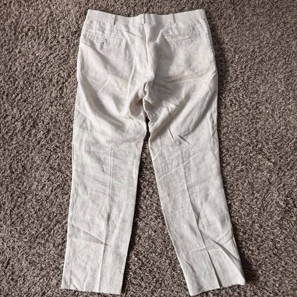 Nordstrom Pants Mens 35R Beige Flat Front Dress Trousers Ormezzano Italian Linen